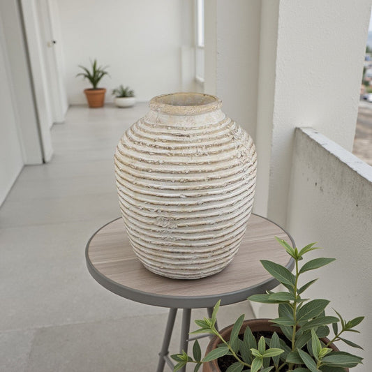 Lezlee Accent Planter, Beige Terracotta, Ridged Textured Urn, 13 Inch