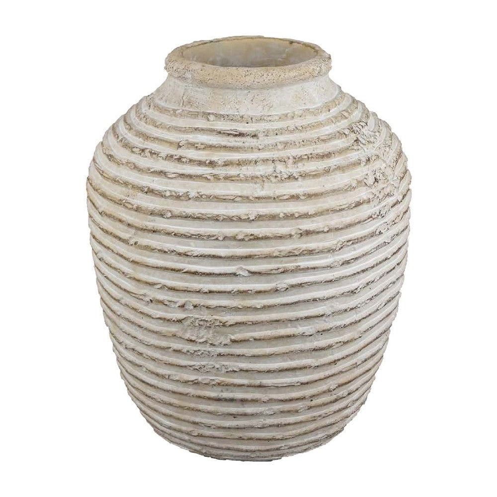 Lezlee Accent Planter, Beige Terracotta, Ridged Textured Urn, 13 Inch
