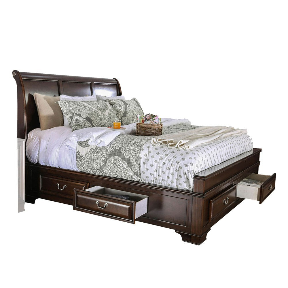 Lio Four Piece King Size Bedroom Set Cherry Brown Wood Inlay Design Silver Metal Handles
