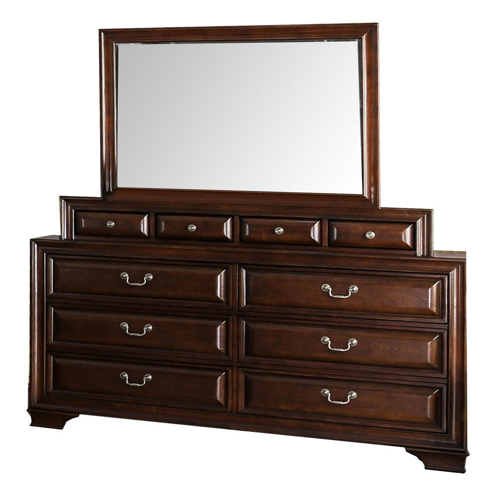 Lio Four Piece King Size Bedroom Set Cherry Brown Wood Inlay Design Silver Metal Handles