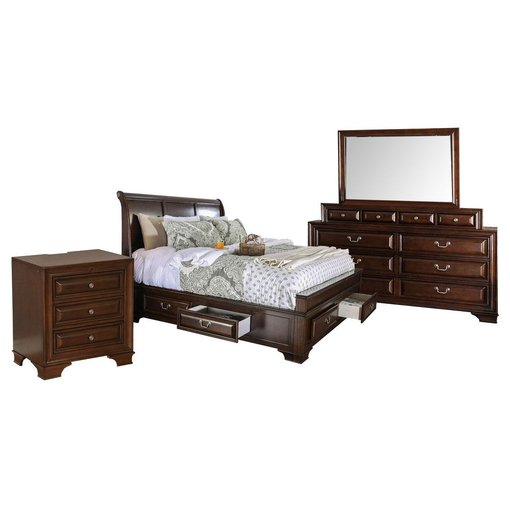Lio Four Piece King Size Bedroom Set Cherry Brown Wood Inlay Design Silver Metal Handles