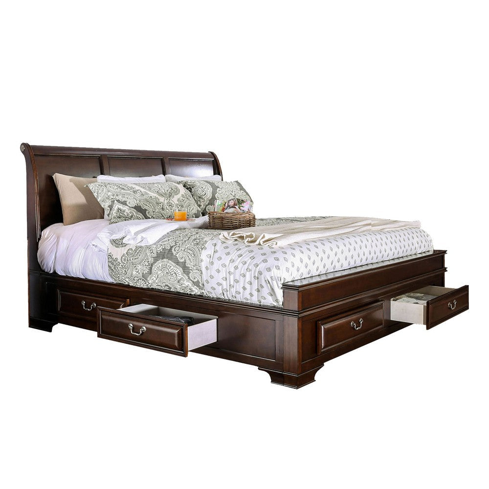 Lio Four Piece Queen Size Bedroom Set Cherry Brown Wood Inlay Design Silver Metal Handles
