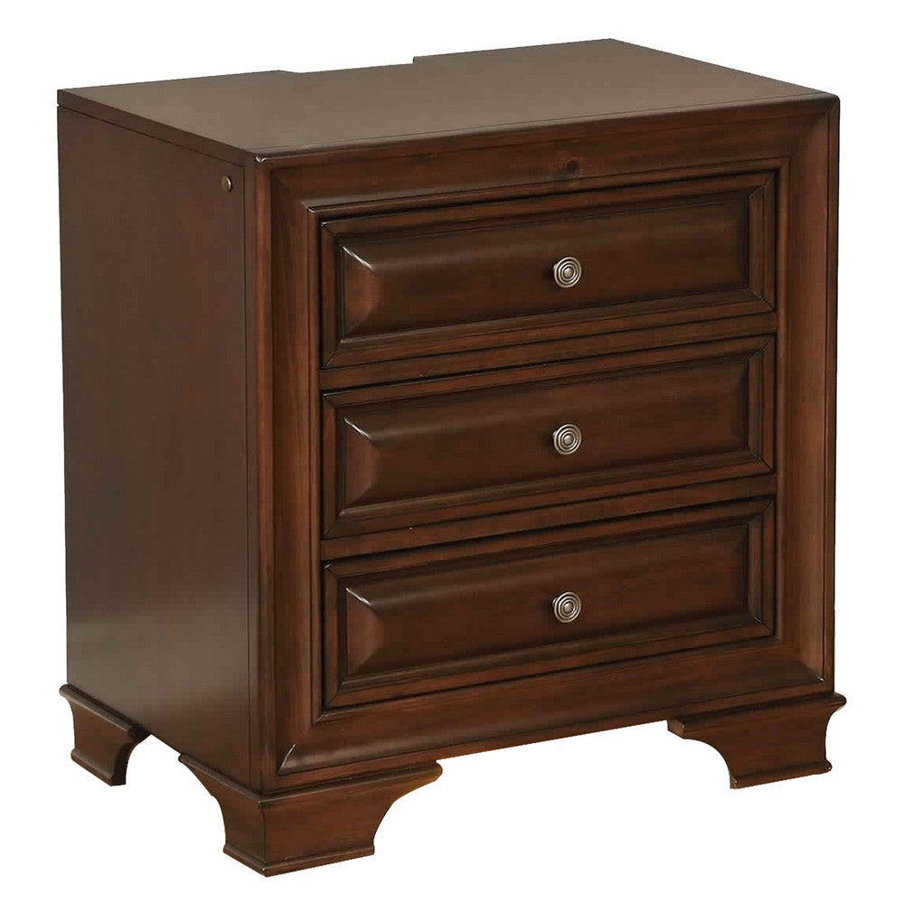 Lio Four Piece Queen Size Bedroom Set Cherry Brown Wood Inlay Design Silver Metal Handles