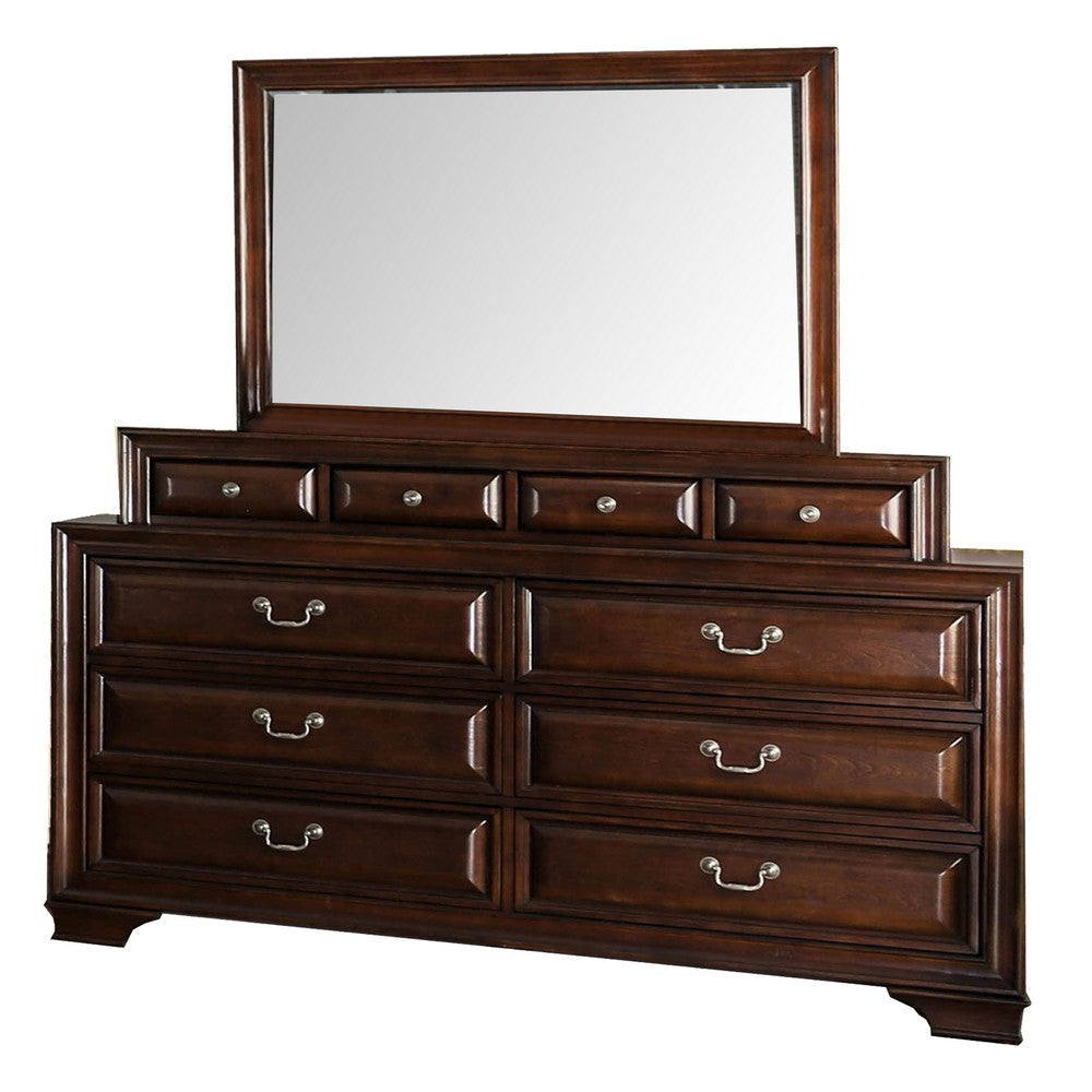 Lio Four Piece Queen Size Bedroom Set Cherry Brown Wood Inlay Design Silver Metal Handles
