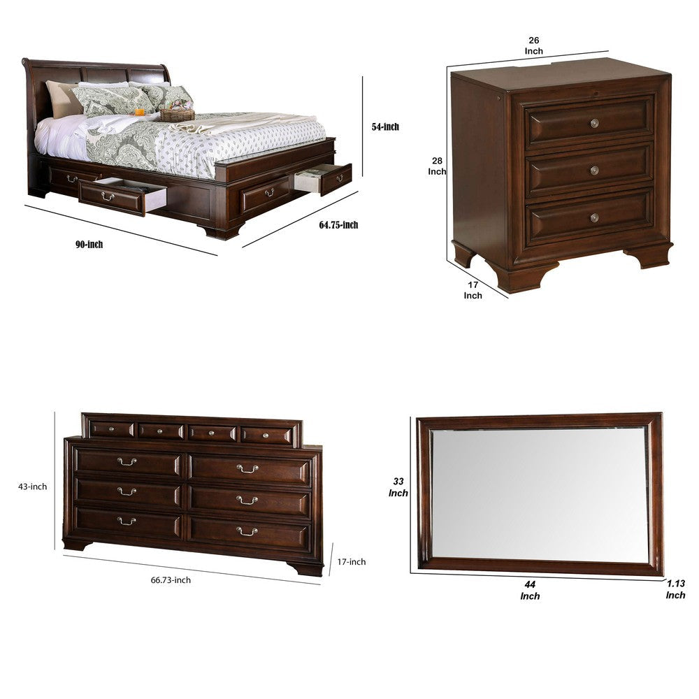 Lio Four Piece Queen Size Bedroom Set Cherry Brown Wood Inlay Design Silver Metal Handles