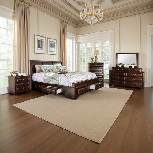 Lio Four Piece Queen Size Bedroom Set, Cherry Brown Wood Inlay Design, Silver Metal Handles