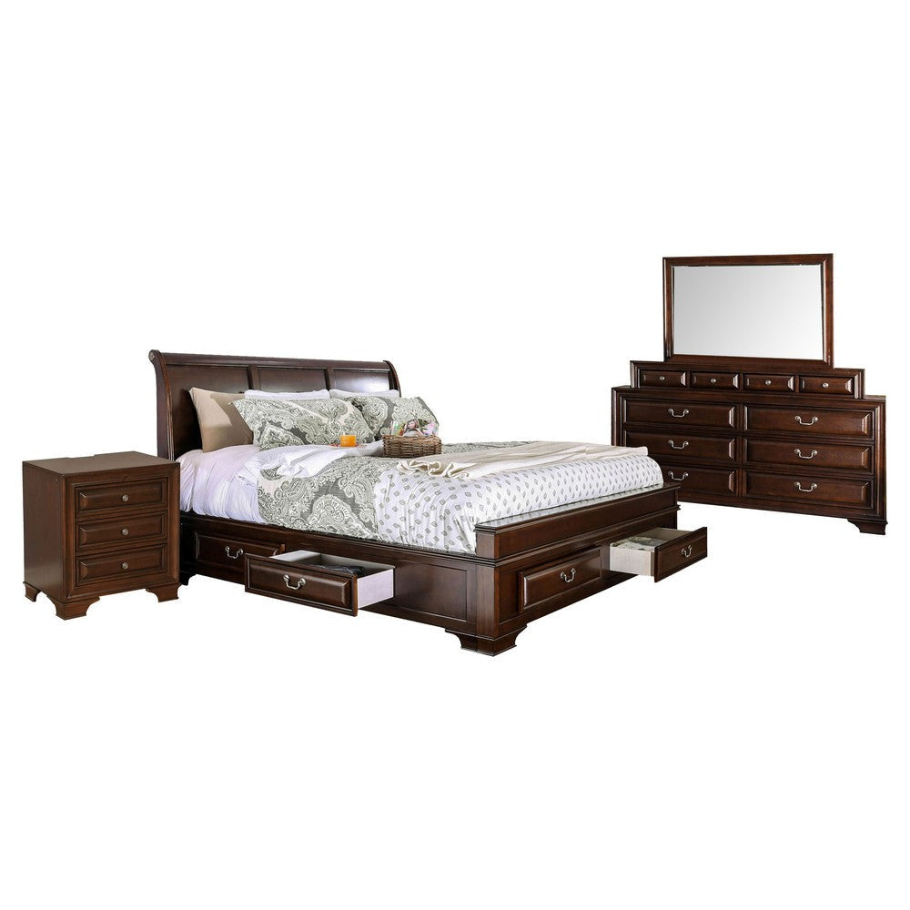 Lio Four Piece Queen Size Bedroom Set Cherry Brown Wood Inlay Design Silver Metal Handles
