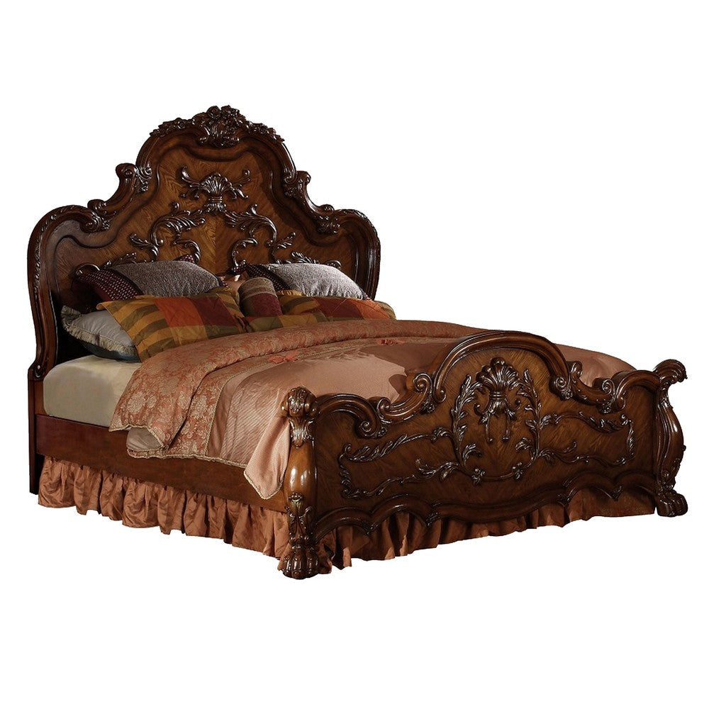 Rosy Four Piece Queen Bedroom Set Raised Inlay Moldings Cherry Oak Brown