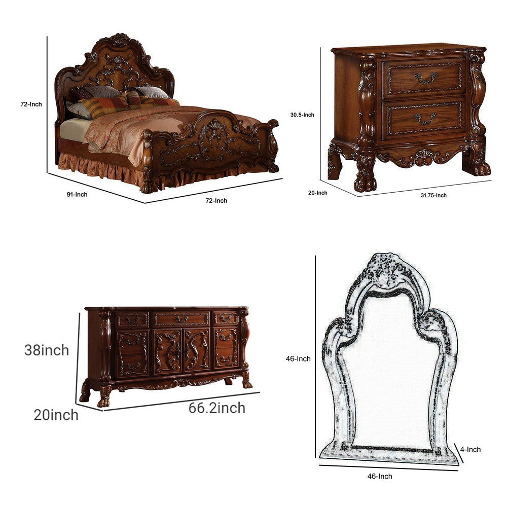 Rosy Four Piece Queen Bedroom Set Raised Inlay Moldings Cherry Oak Brown