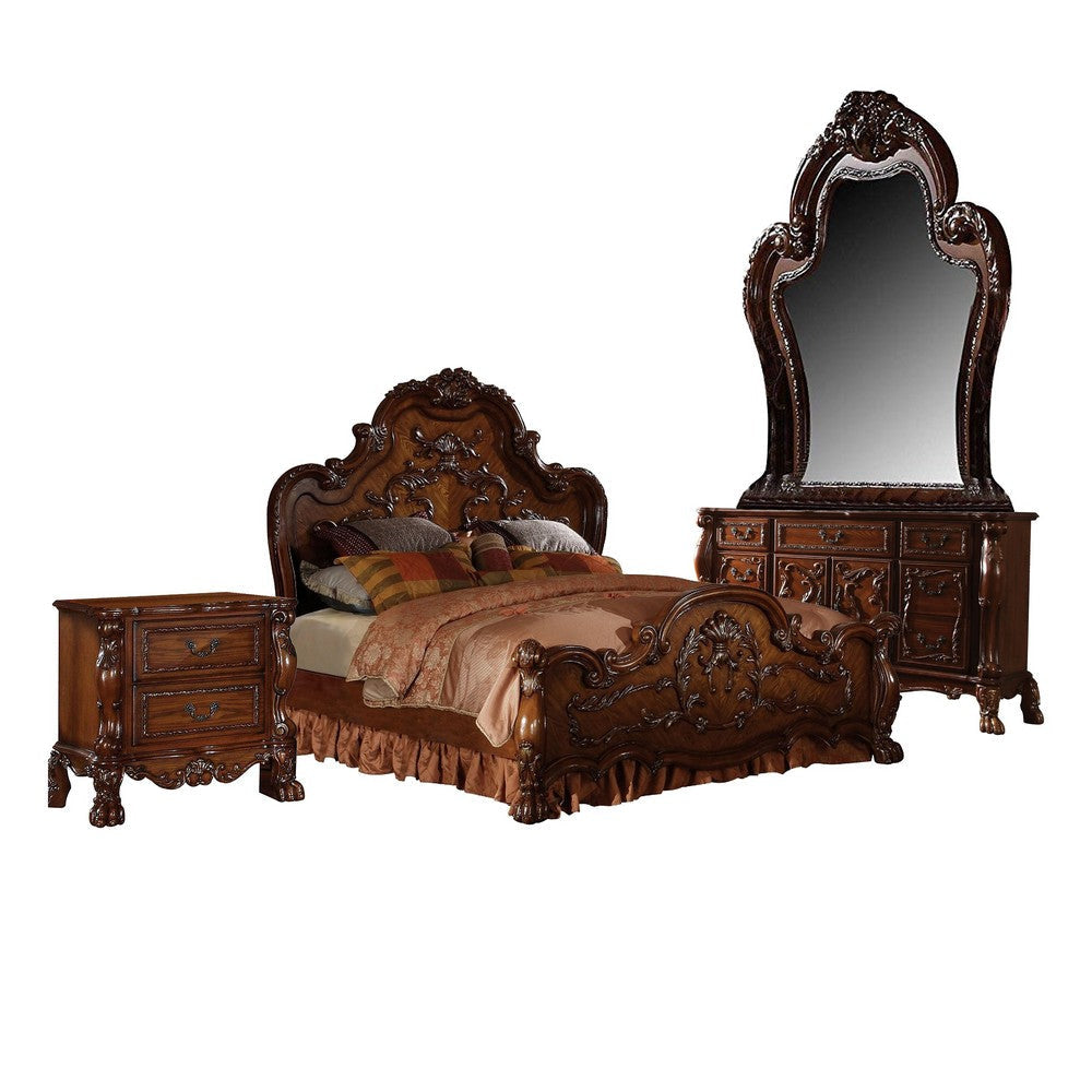 Rosy Four Piece Queen Bedroom Set Raised Inlay Moldings Cherry Oak Brown
