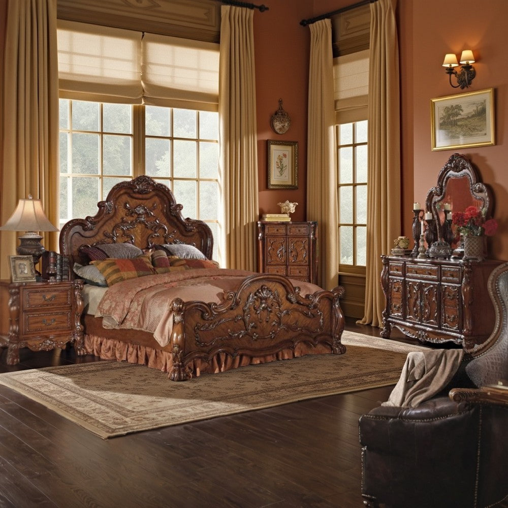 Rosy Four Piece Queen Bedroom Set, Raised Inlay Moldings, Cherry Oak Brown