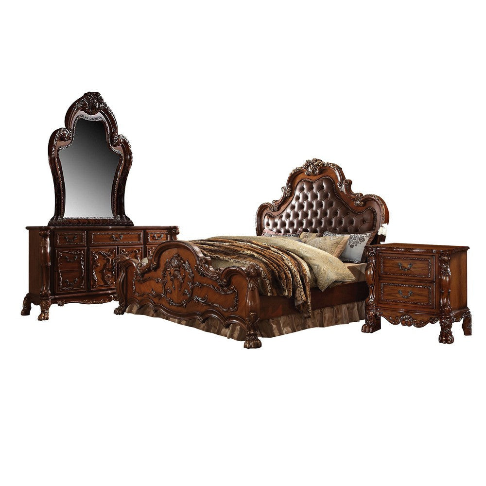 Rosy Four Piece California King Bedroom Set Raised Inlay Moldings Cherry Oak Brown