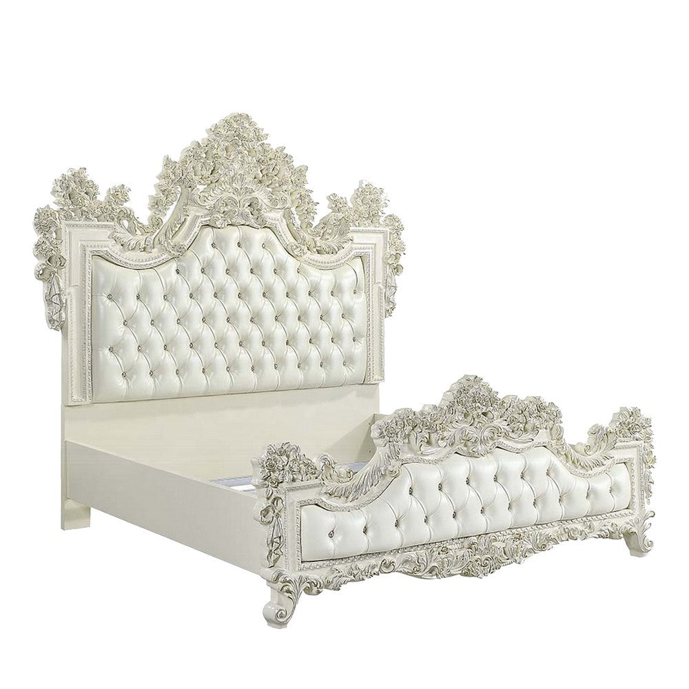 Bo Four Piece Full Bedroom Set Baroque Style White Faux Leather Uphosltery BM331135