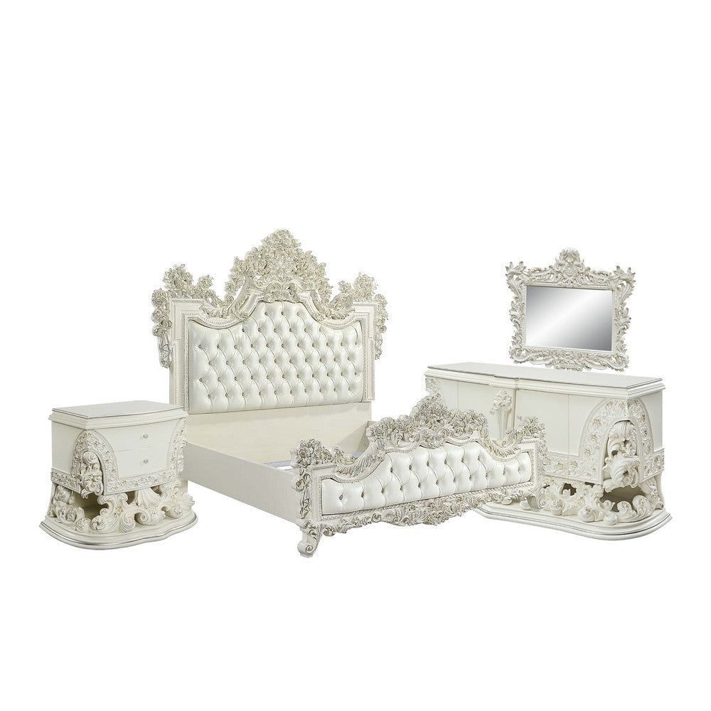 Bo Four Piece Full Bedroom Set Baroque Style White Faux Leather Uphosltery BM331135