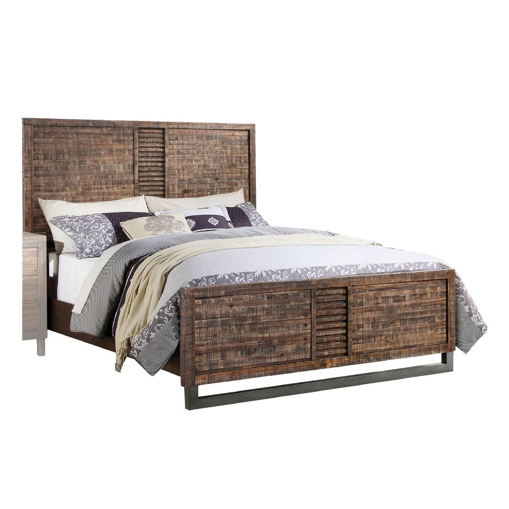 Liza Four Pc Queen Bedroom Set Plank Style Rustic Brown Wood Nickel Sled Metal Base BM331136