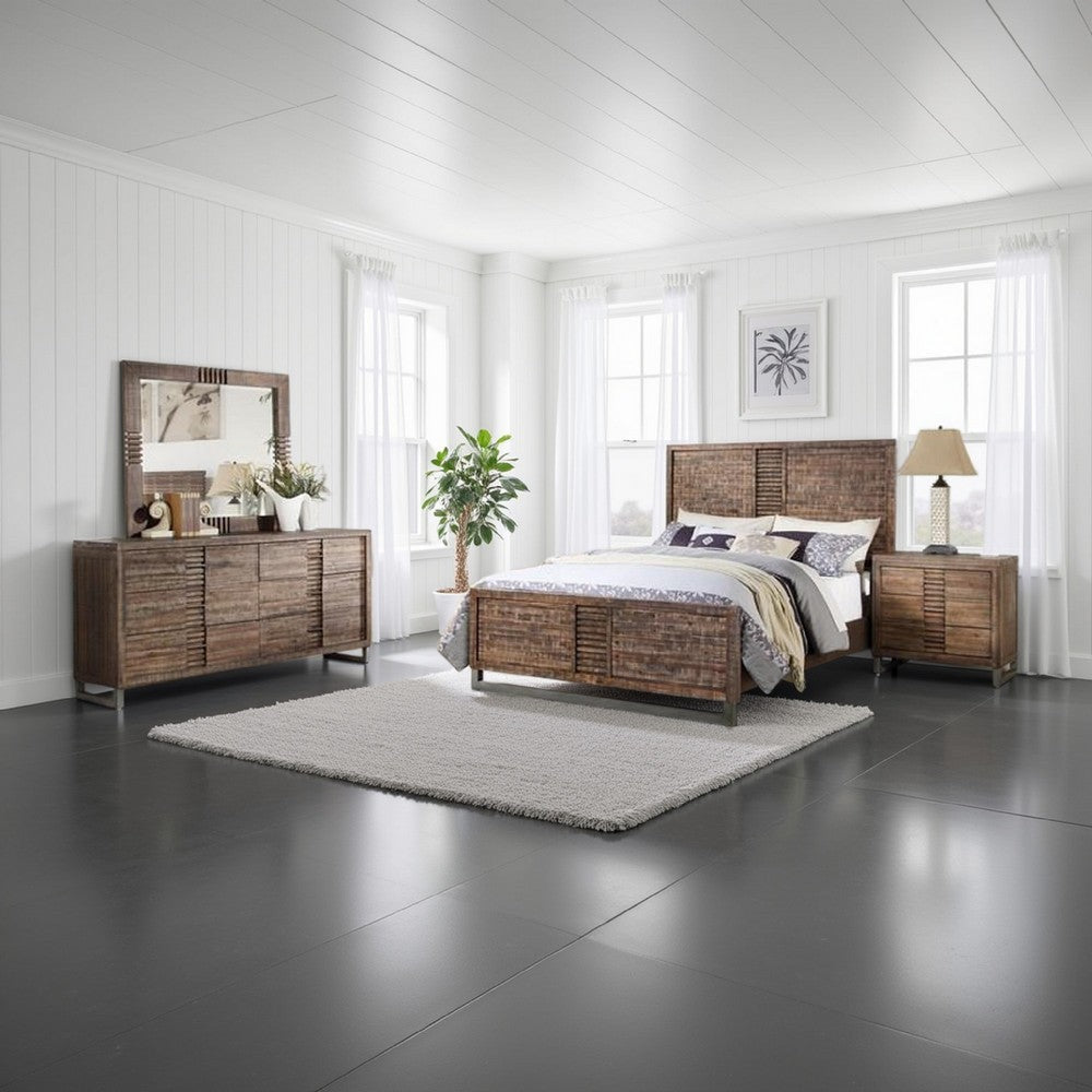 Liza Four Pc Queen Bedroom Set, Plank Style Rustic Brown Wood, Nickel Sled Metal Base
