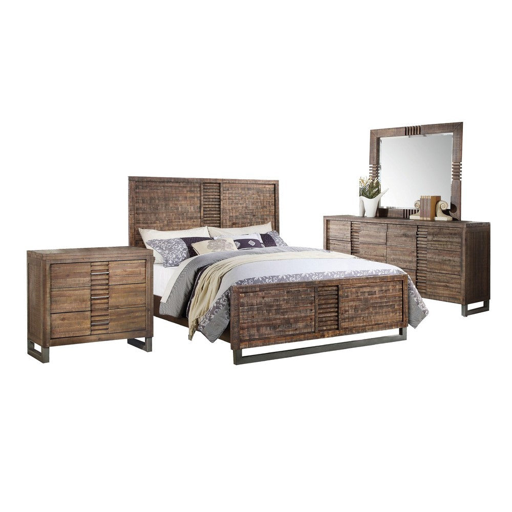 Liza Four Pc Queen Bedroom Set Plank Style Rustic Brown Wood Nickel Sled Metal Base BM331136