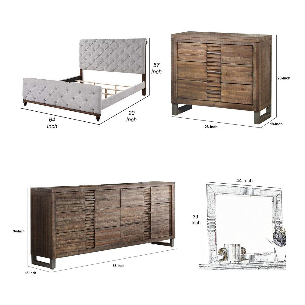 Liza Four Pc Queen Bedroom Set Tufted Gray Upholstery Brown Wood Nickel Sled Base BM331137