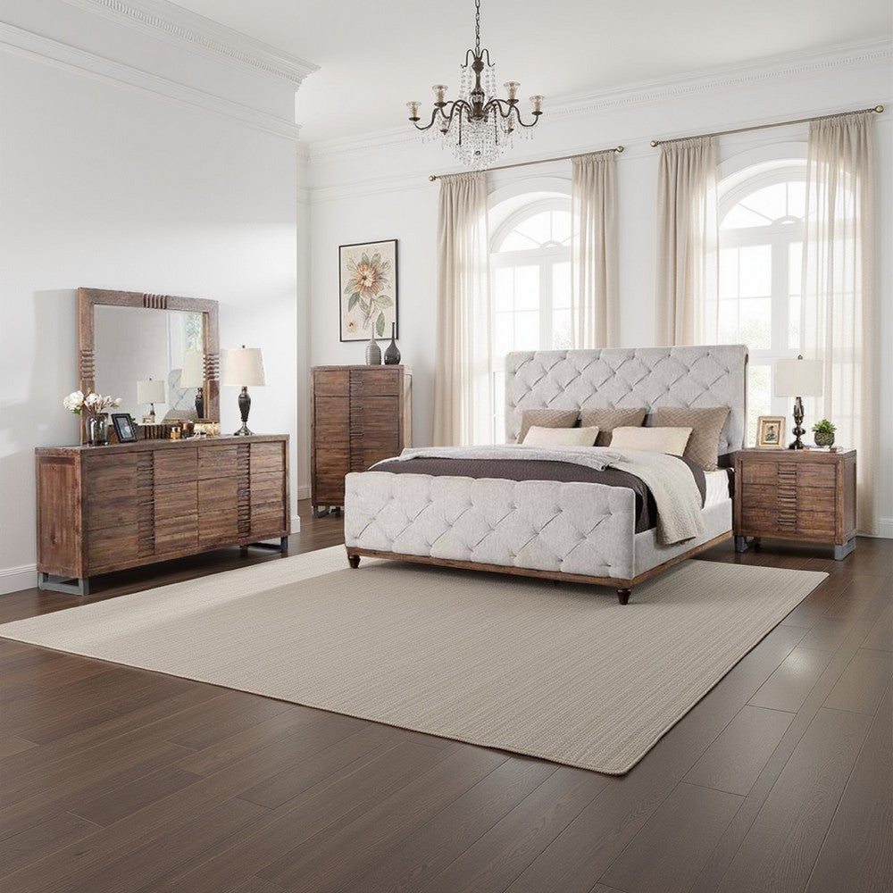 Liza Four Pc Queen Bedroom Set, Tufted Gray Upholstery, Brown Wood, Nickel Sled Base