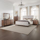 Liza Four Pc Queen Bedroom Set, Tufted Gray Upholstery, Brown Wood, Nickel Sled Base
