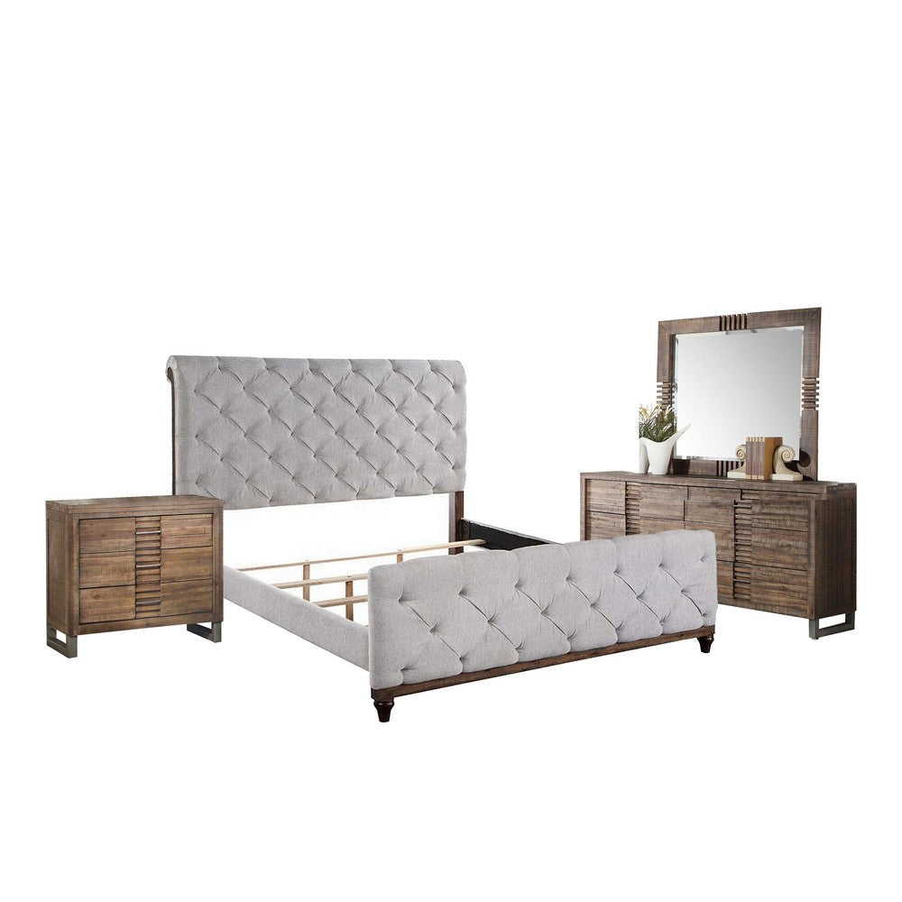 Liza Four Pc Queen Bedroom Set Tufted Gray Upholstery Brown Wood Nickel Sled Base BM331137