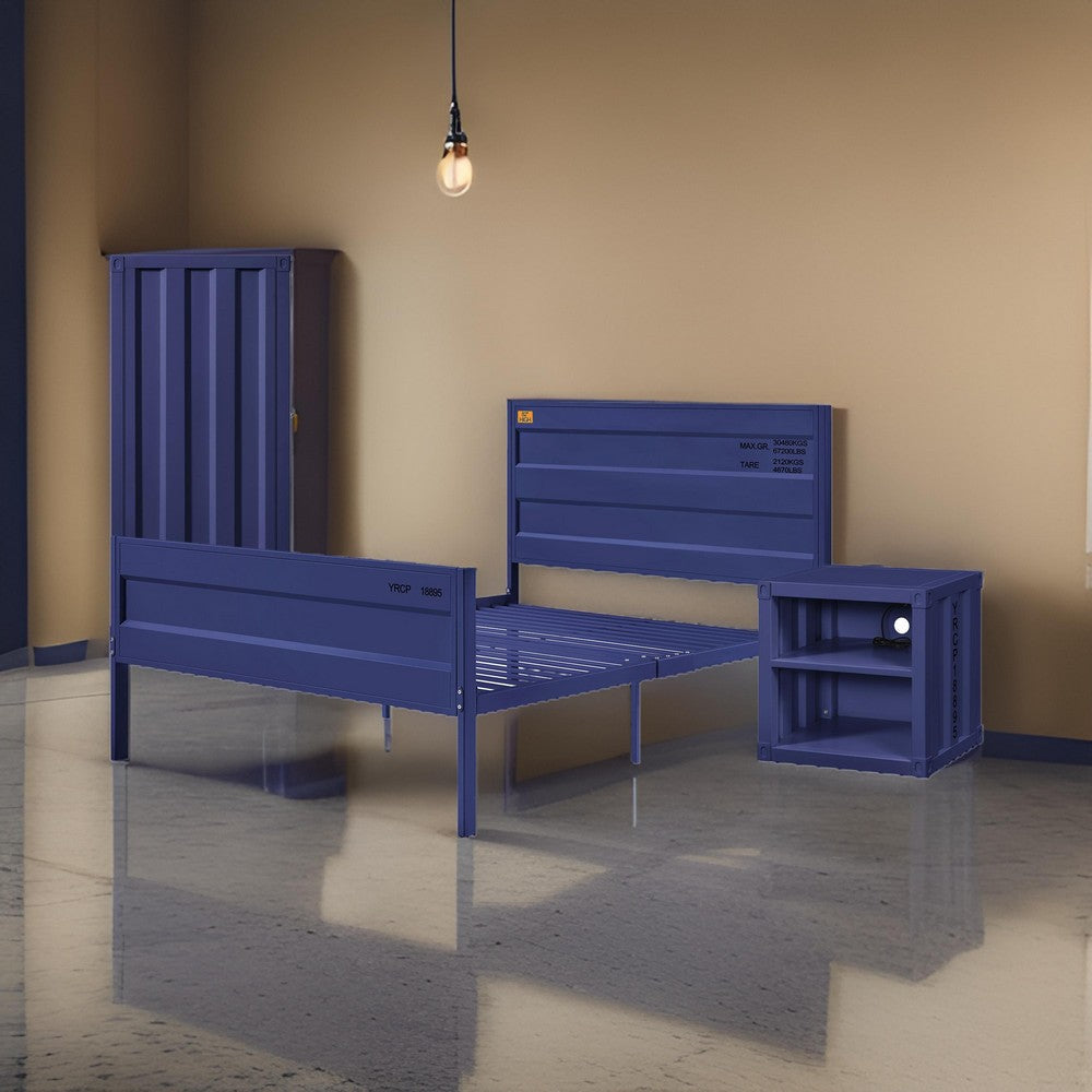 Dua Three Pc Full Bedroom Set, Recessed Panel Pattern, Industrial Style, Blue Metal