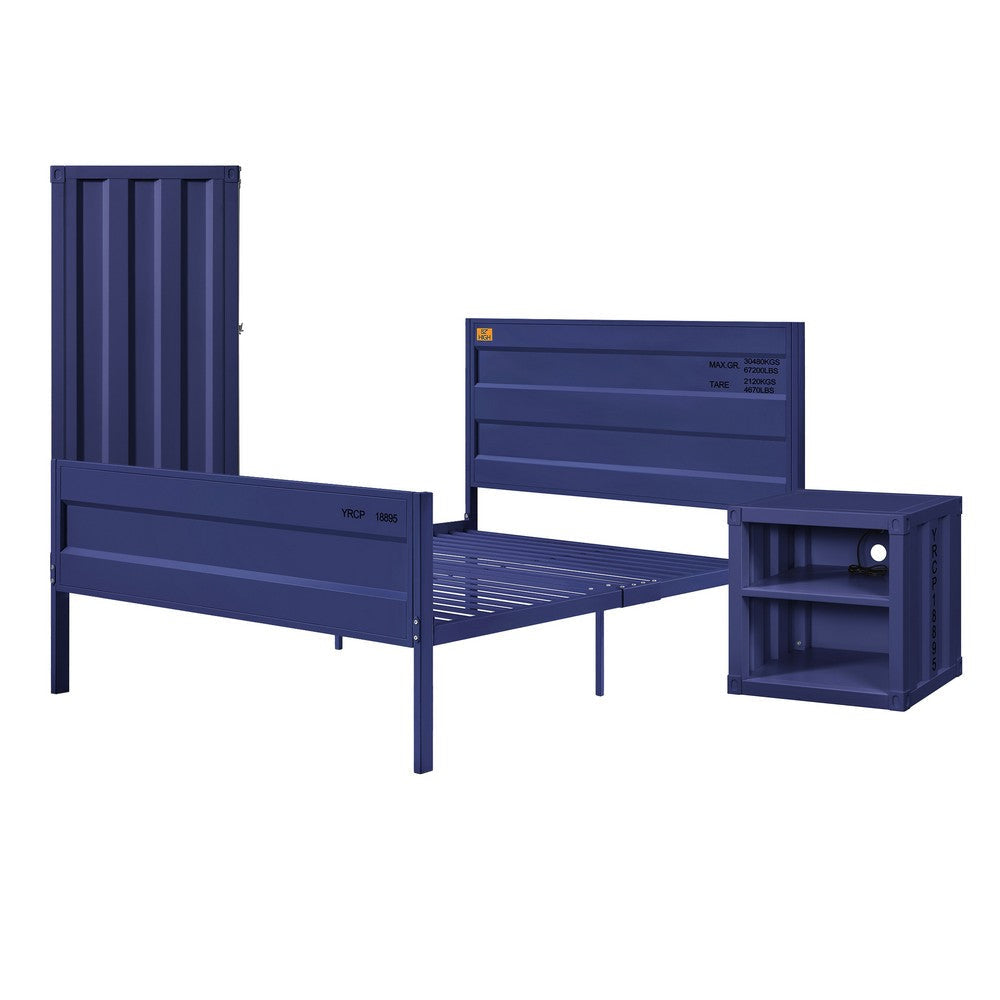 Dua Three Pc Full Bedroom Set, Recessed Panel Pattern, Industrial Style, Blue Metal