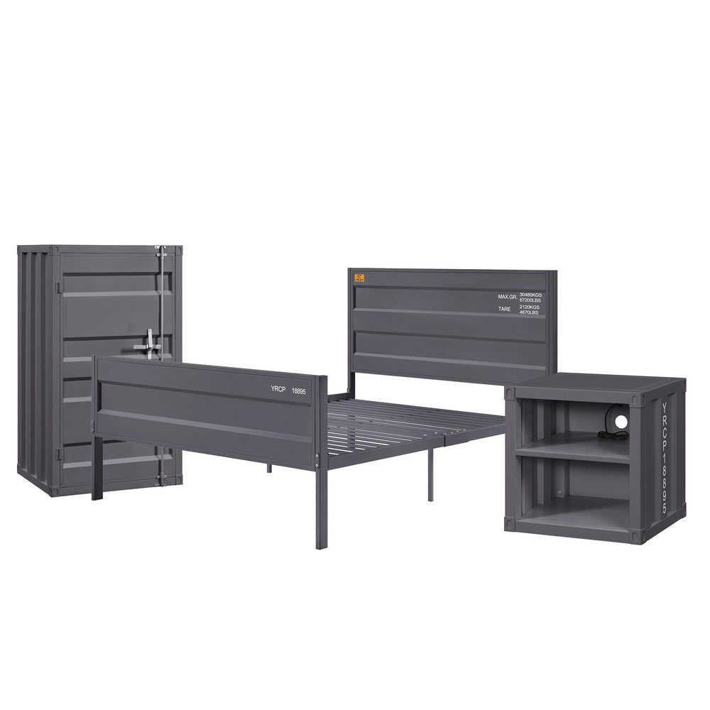 Dua Three Pc Full Bedroom Set, Recessed Panel Pattern, Industrial Style, Gray Metal