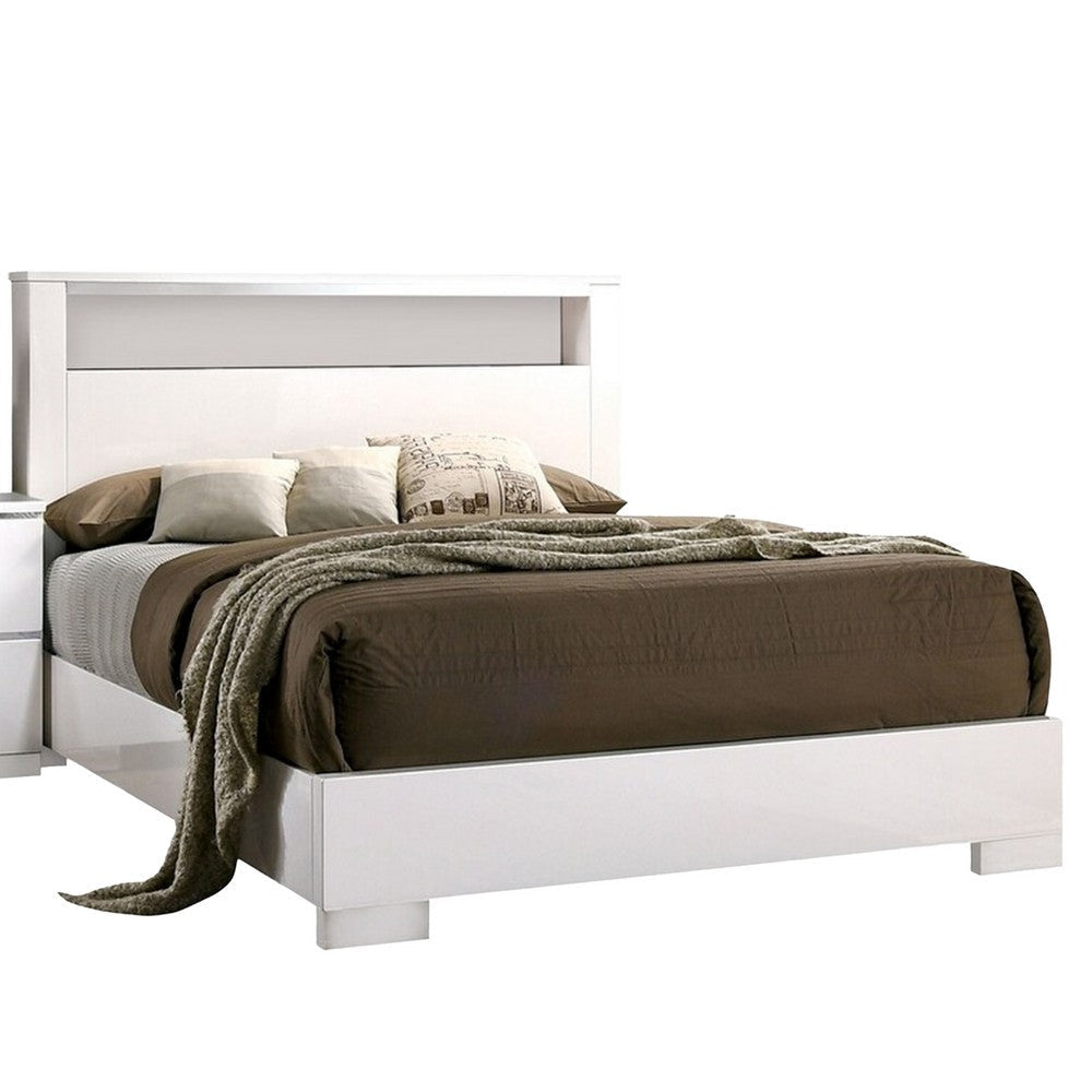 Cari Four Pc Queen Bedroom Set LED Headboard with Shelf White Wood Chrome Stripes BM331144
