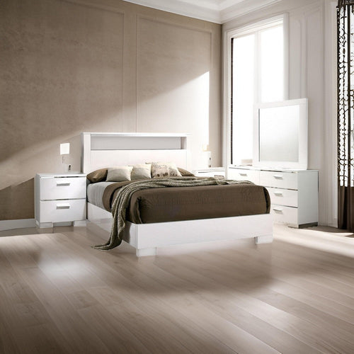 Cari Four Pc Queen Bedroom Set, LED Headboard with Shelf, White Wood, Chrome Stripes