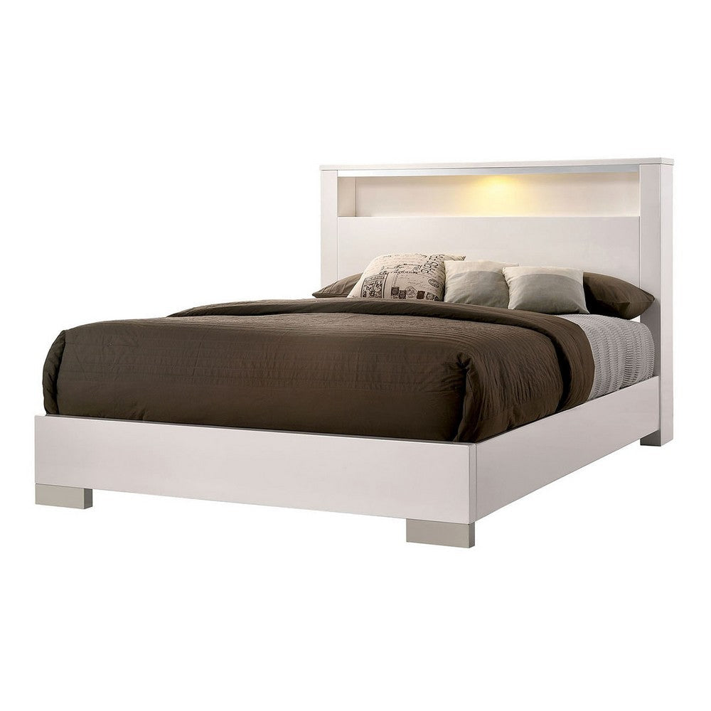 Cari Four Pc King Bedroom Set LED Headboard with Shelf White Wood Chrome Stripes BM331145