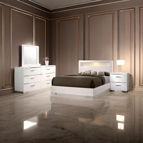 Cari Four Pc King Bedroom Set, LED Headboard with Shelf, White Wood, Chrome Stripes