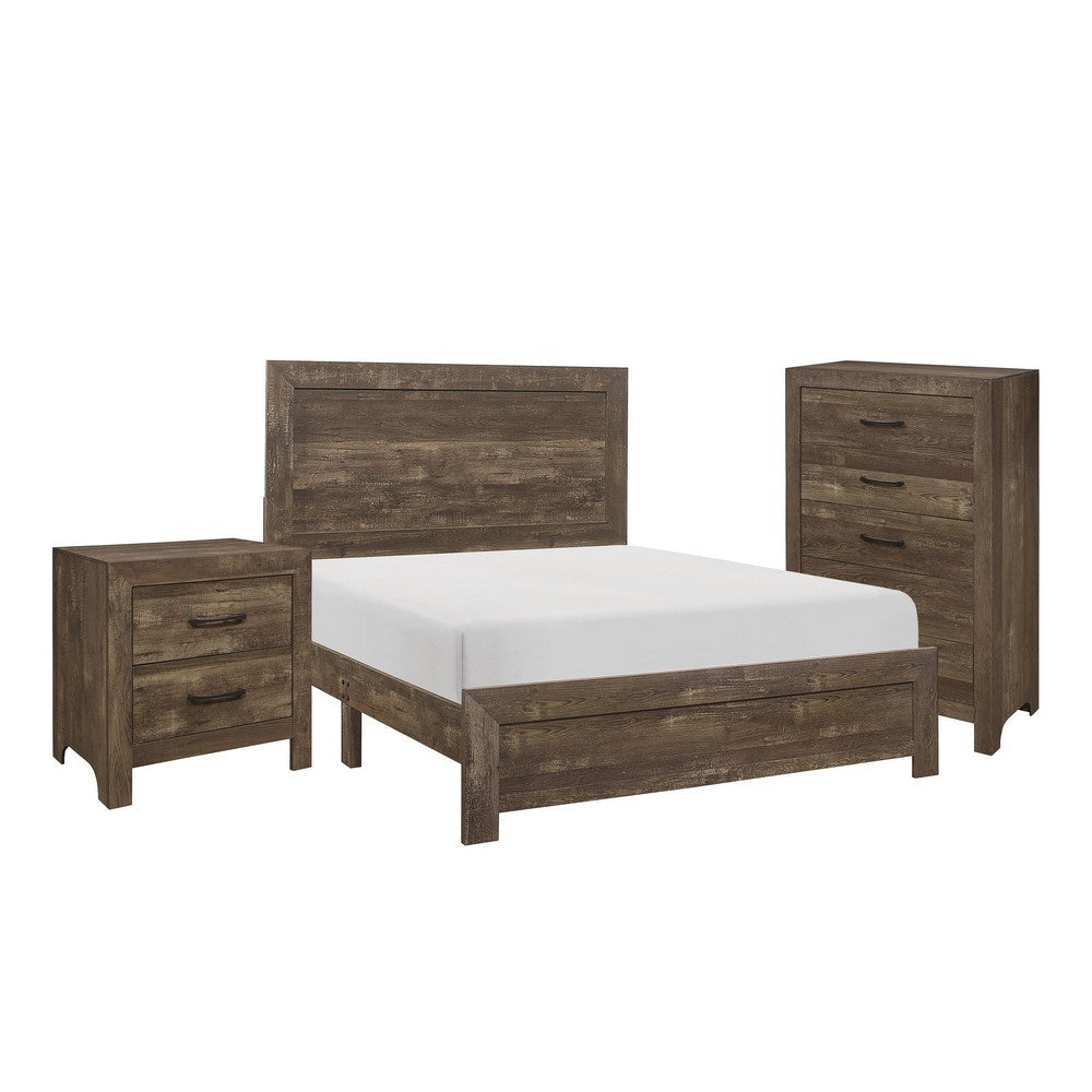 Ko Three Piece Full Size Bedroom Set, Panel Detailings, Black Metal Handles, Rustic Brown