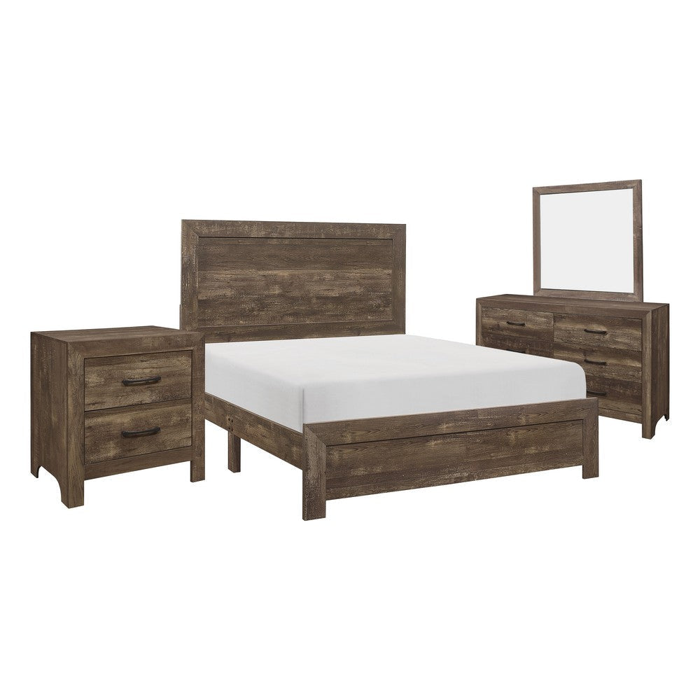 Ko Four Piece California King Size Bedroom Set, Panel Detailings, Black Metal Handles, Rustic Brown