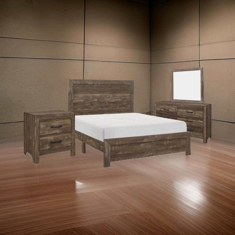 Ko Four Piece California King Size Bedroom Set, Panel Detailings, Black Metal Handles, Rustic Brown