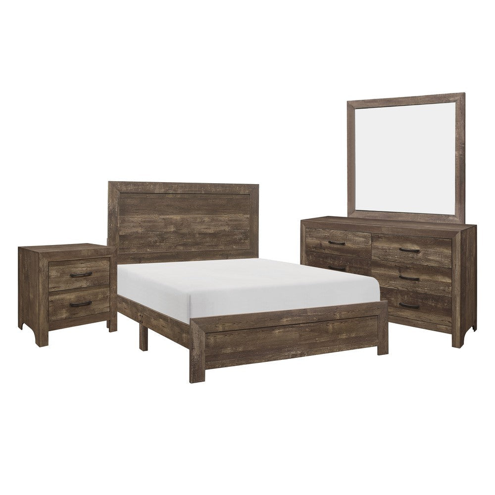 Ko Four Piece King Size Bedroom Set, Panel Detailings, Black Metal Handles, Rustic Brown
