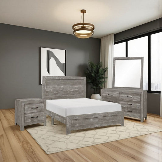 Ko Four Piece California King Size Bedroom Set, Panel Detailings, Black Metal Handles, Rustic Gray