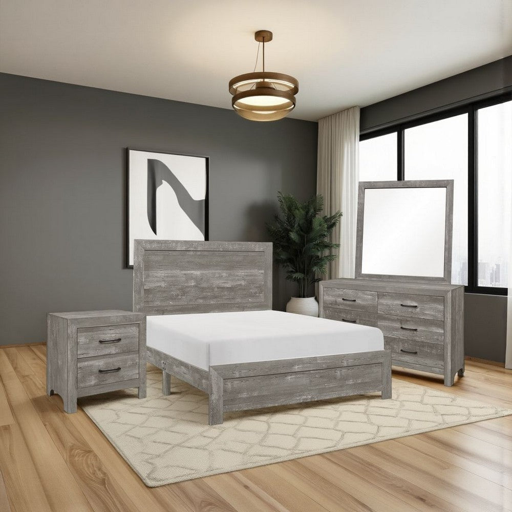 Ko Four Piece California King Size Bedroom Set, Panel Detailings, Black Metal Handles, Rustic Gray