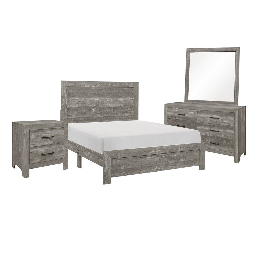 Ko Four Piece California King Size Bedroom Set, Panel Detailings, Black Metal Handles, Rustic Gray