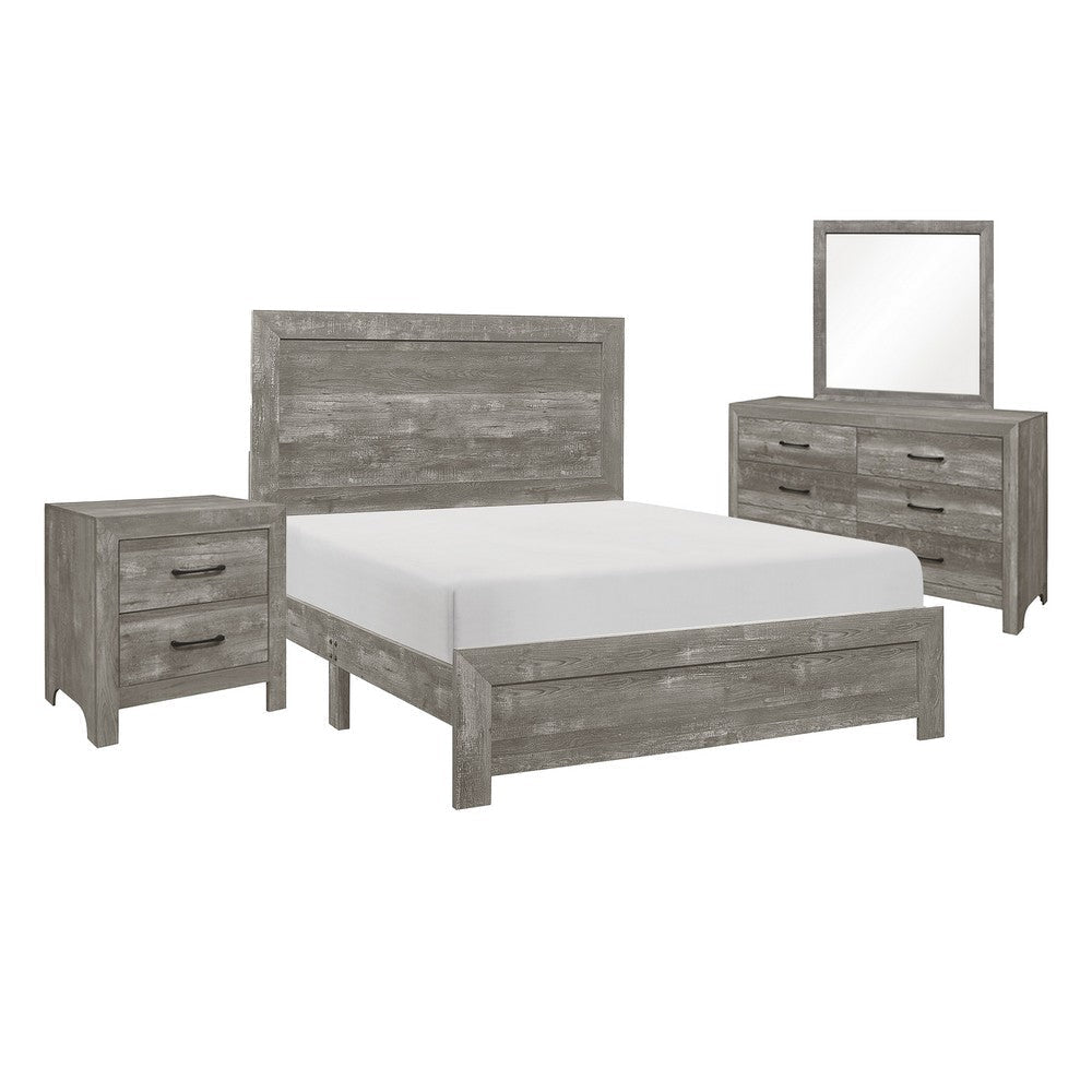 Ko Four Piece King Size Bedroom Set, Panel Detailings, Black Metal Handles, Rustic Gray