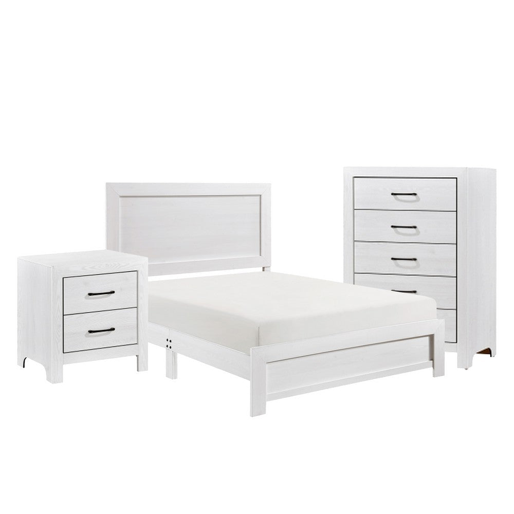 Ko Three Piece Full Size Bedroom Set, Panel Detailings, Black Metal Handles, White