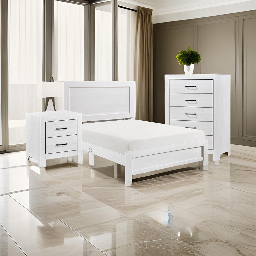 Ko Three Piece Full Size Bedroom Set, Panel Detailings, Black Metal Handles, White