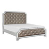 Badra Four Pc Queen Bedroom Set Crystal Tufted Gray Faux Leather Silver Mirror Trim BM331160