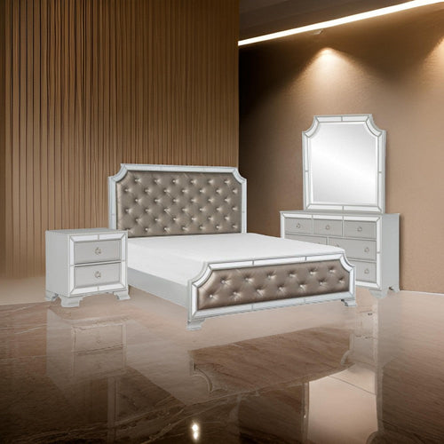 Badra Four Pc Queen Bedroom Set, Crystal Tufted Gray Faux Leather, Silver Mirror Trim