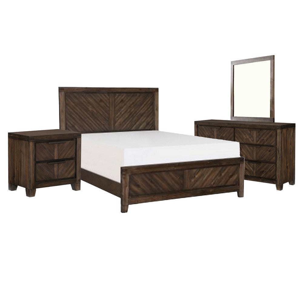 Bitsy Four Pc Queen Bedroom Set, V-Matched Planks, Distressed Espresso Brown Wood
