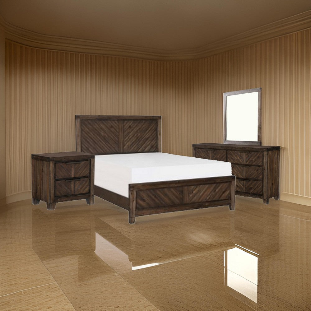 Bitsy Four Pc Queen Bedroom Set, V-Matched Planks, Distressed Espresso Brown Wood