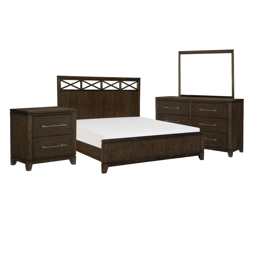 Gia 4 Piece Bedroom Set | Queen Size | Dark Brown Wood | X Headboard Accent BM331164