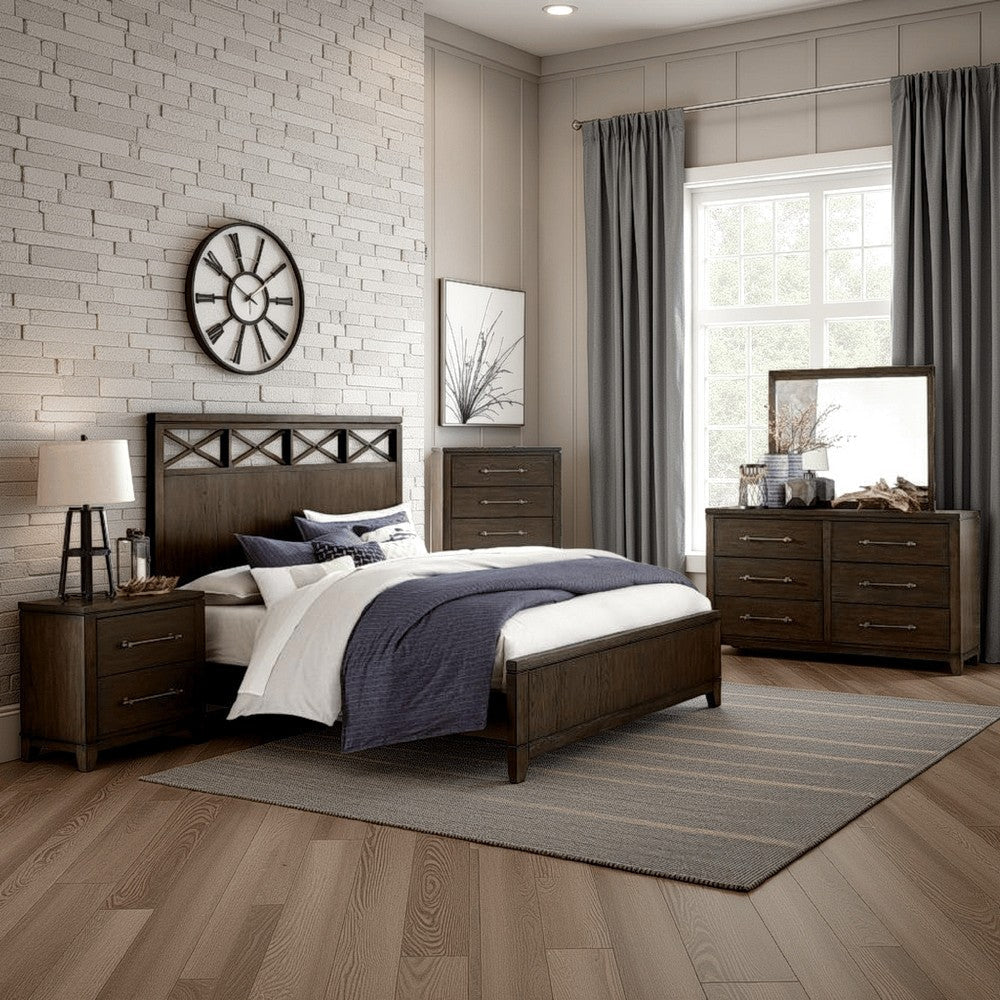Gia 4 Piece Bedroom Set | Queen Size | Dark Brown Wood | X Headboard Accent
