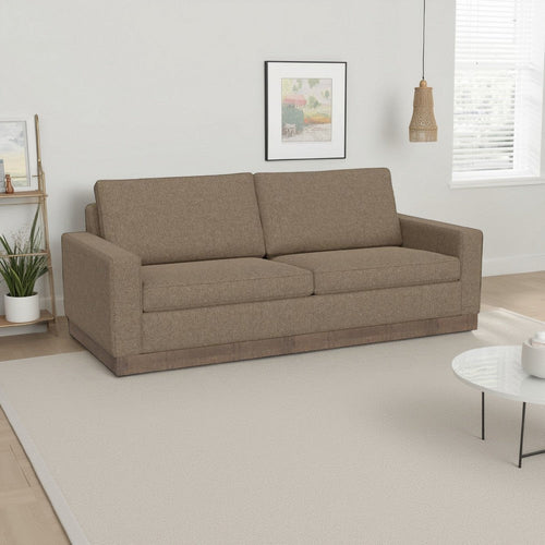 Jeni Sofa, 2 Throw Pillows, Modern 90 Inch Camel Brown Polyester Seat