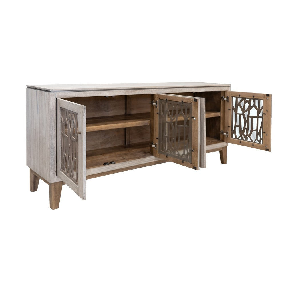 Livvy Console Cabinet 4 Metal Pattern Glass Doors Ivory White 69 Inch BM331236
